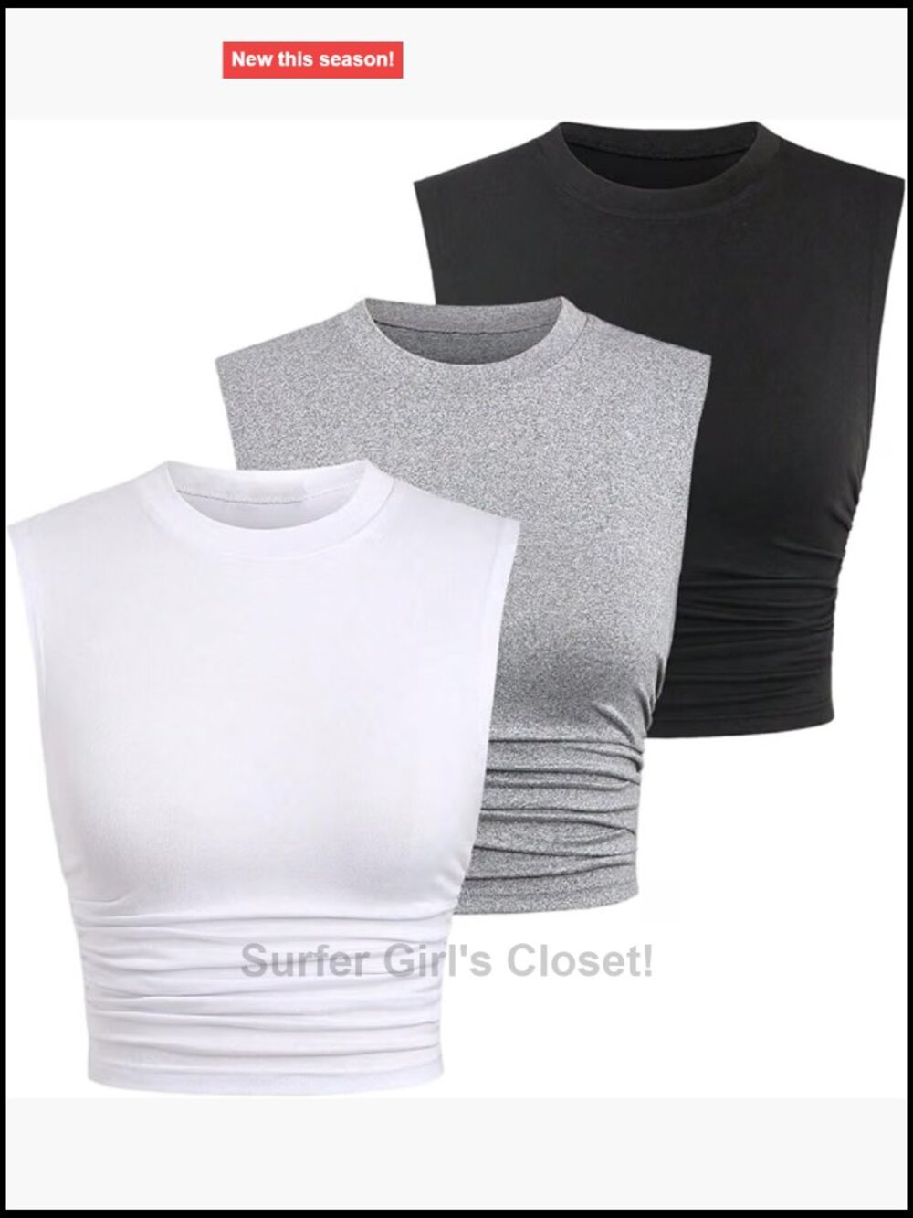 3 Pack Ruched Tank Tops Slim Fit Sleeveless Crew Neck Knit Crop Tees Set